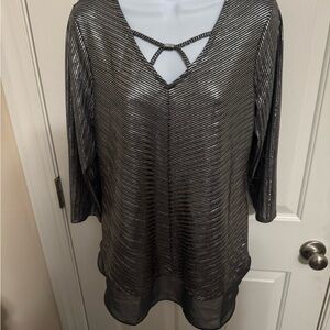 JM Collection Womens Silver Shiny Blouse Med Layer Look Embellished Classy NWT
